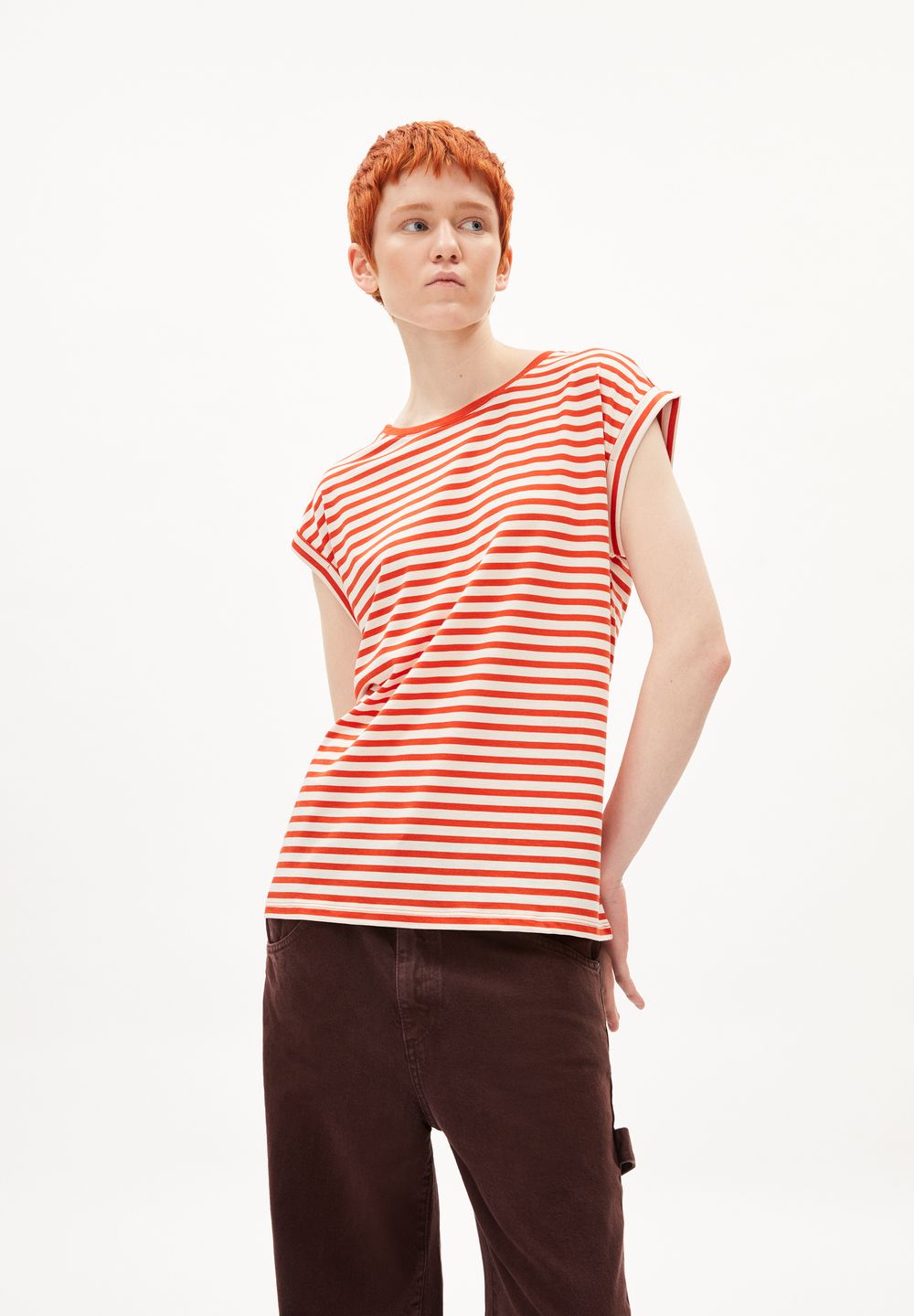 T-Shirt Jilaana Stripes emergency red-oatmilk von Armedangels