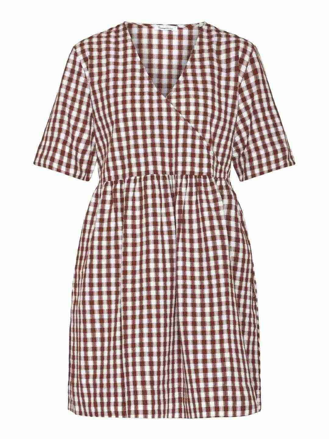 Kleid Cross Over A-Shape Seersucker Checkered brown check von KnowledgeCotton Apparel