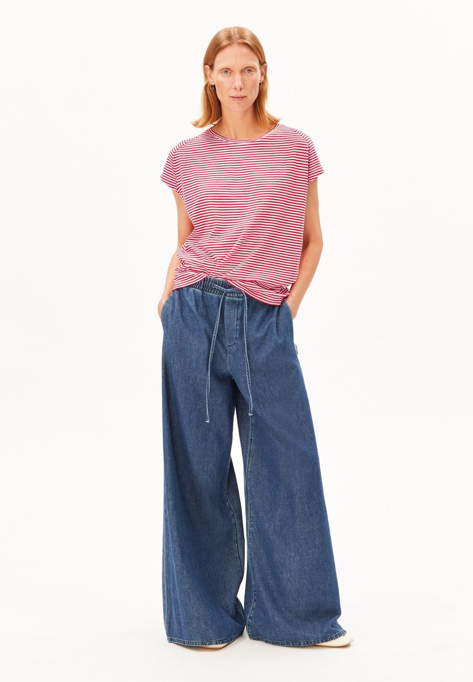 T-Shirt Slub Jersey Stripe pink mist-mars red von Armedangels