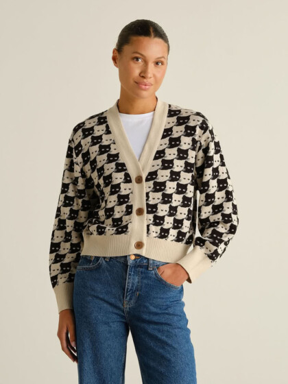 Cardigan Kanan Pepita Cats oat white von Dedicated.